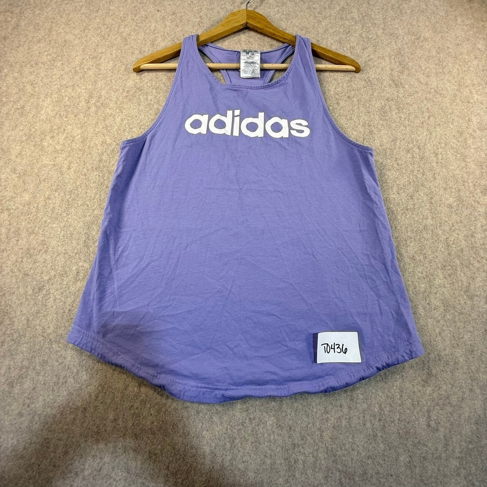 Adidas Womens Racerback Tank‎ Top Purple White Logo Graphic Athletic Size Medium